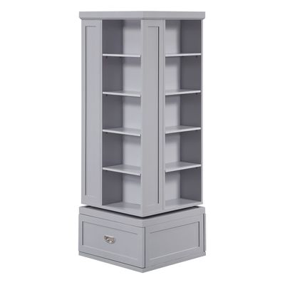 Modern Gray Rotating Bookshelf with 16 Shelves Drawers Wooden