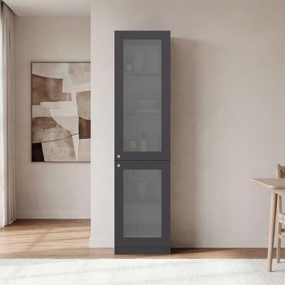 Tall Bookcase 71" H with 2 Fluted Panel Doors - Gray & White Matte