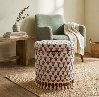 Bohemian Storage Ottoman with Fringes Upholstered Foot Stool with