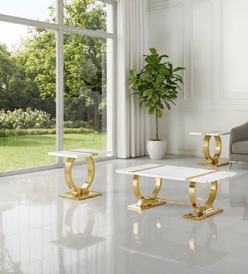 Contemporary Style 3pc Table Set 1x Coffee Ta - Gold, White Engineered Contemporary Style 3pc Table Set 1x Coffee Ta - Gold, White Engineered