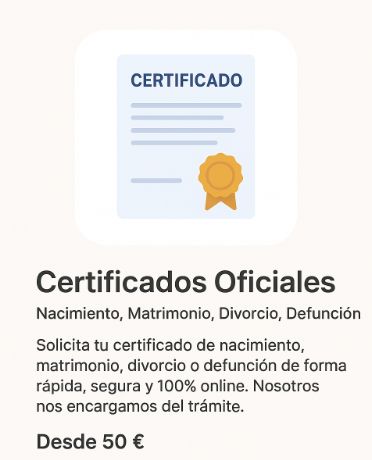 Certificados de nacimiento, matrimonio, divorcio, defunción.