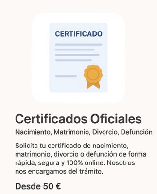 Certificados de nacimiento, matrimonio, divorcio, defunción.