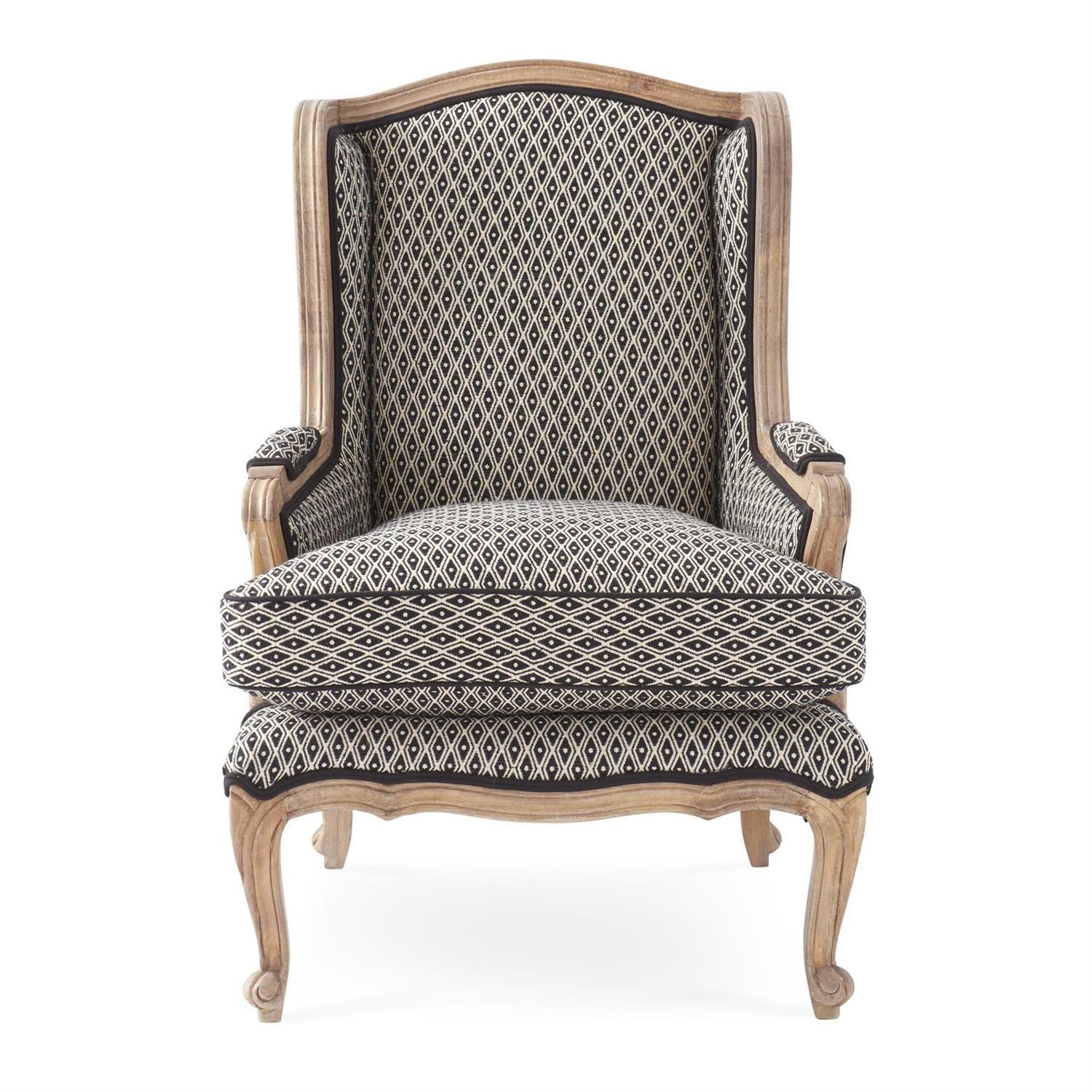 40.25" BLK/CREAM PATTERN MANGO WOOD WING CHAIR
