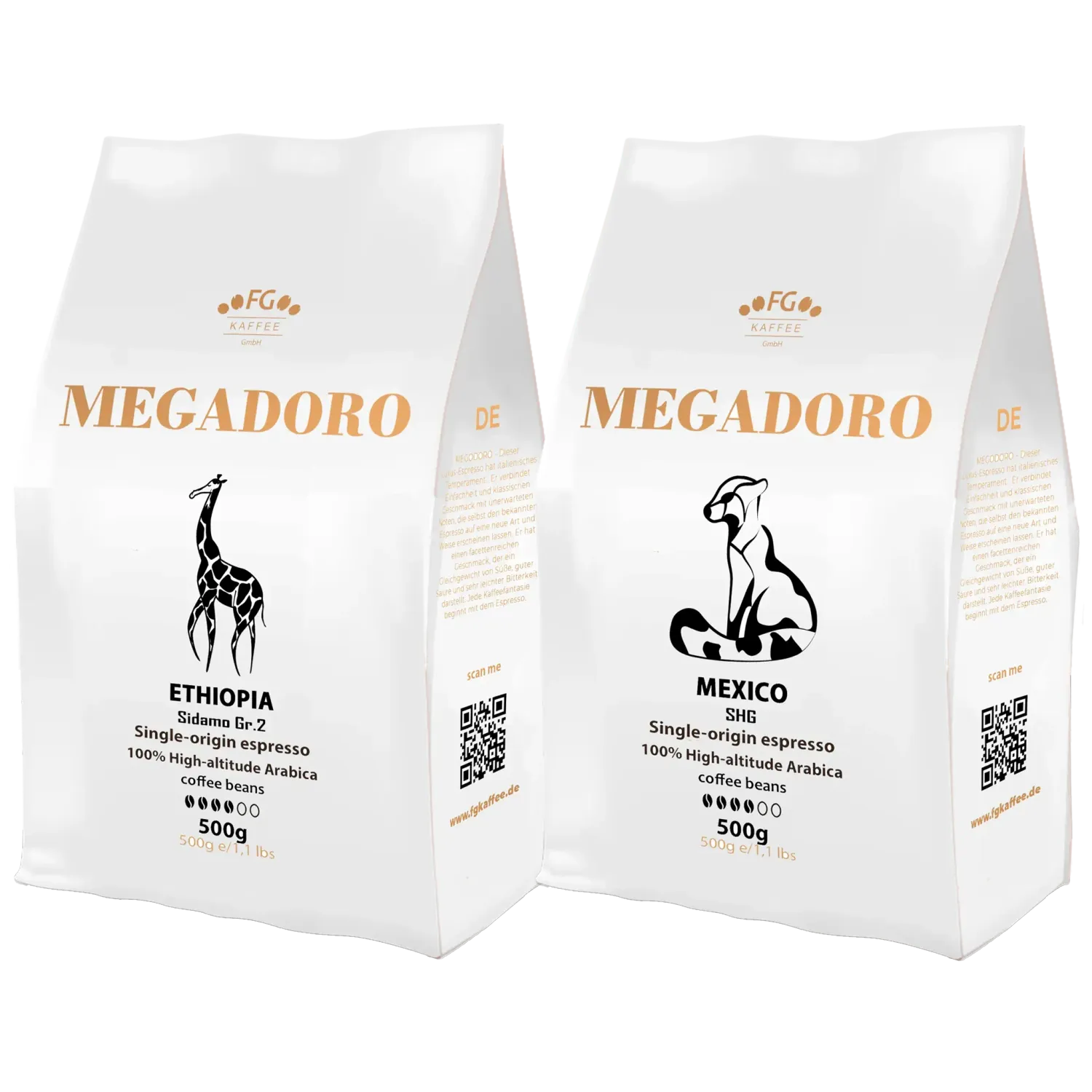 Megadoro Set Ethiopia Sidamo und Mexico SHG Espresso Kaffeebohnen 100% Arabica 2x500g