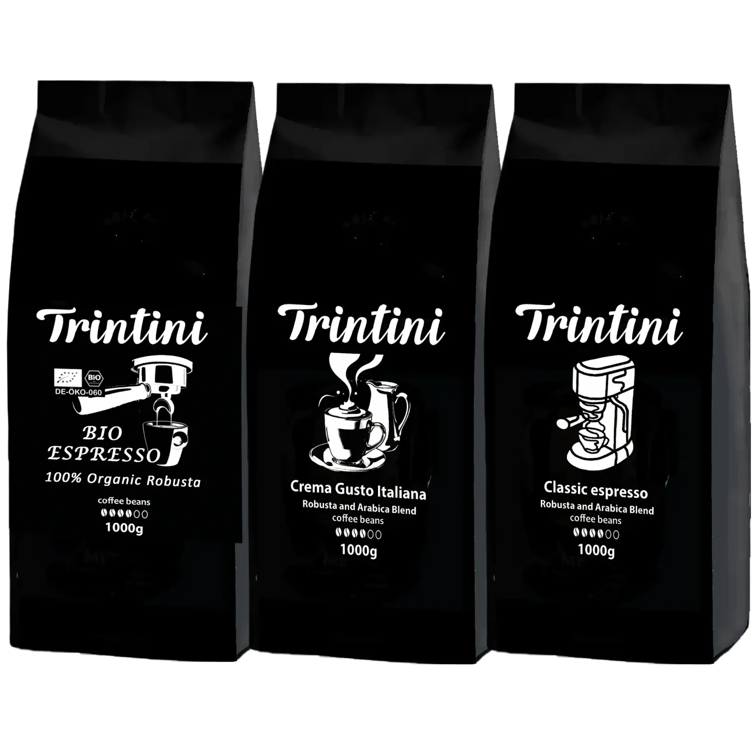 Trintini Set Organic Espresso, Espresso und Crema Gusto Italiana Coffee beans 3x1000g Trintini Set Organic Espresso, Espresso und Crema Gusto Italiana Coffee beans 3x1000g