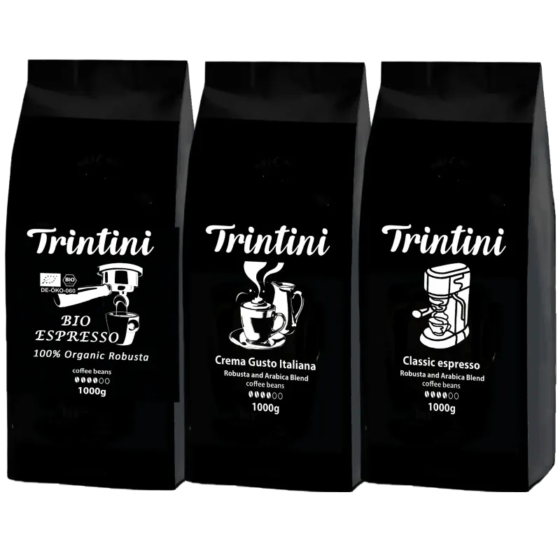 Trintini Set Organic Espresso, Espresso und Crema Gusto Italiana  Coffee beans 3x1000g