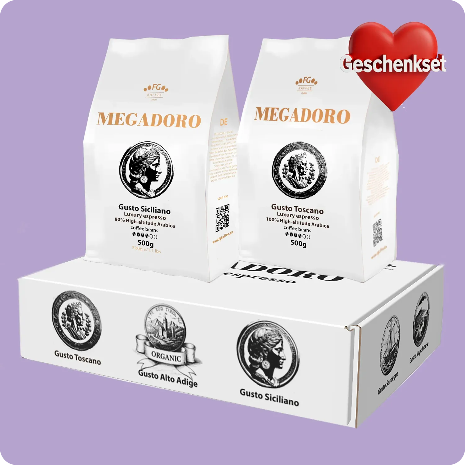 Megadoro Set Gusto Toscano und Gusto Siciliano Coffee beans 100% Arabica 2x500g