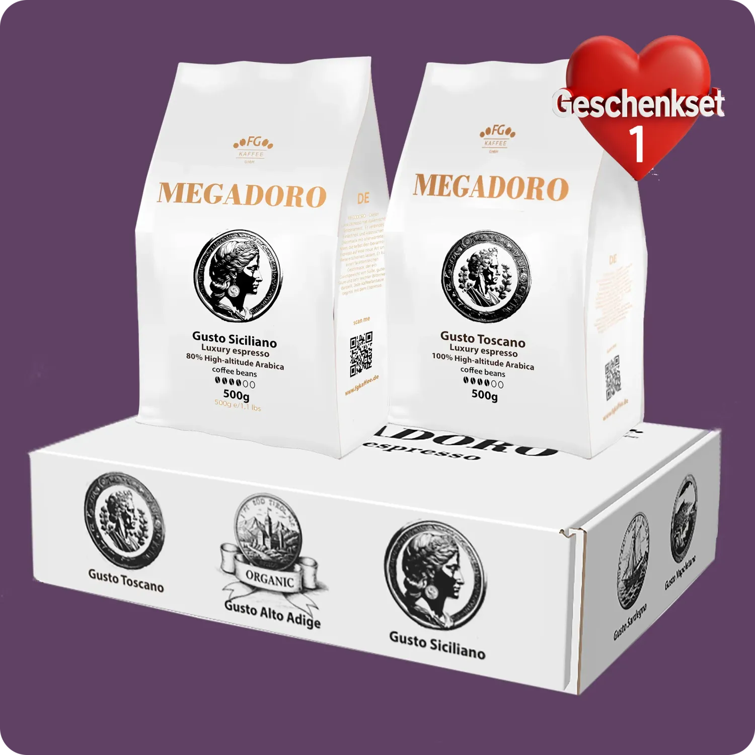 Megadoro Set Gusto Toscano und Gusto Siciliano Coffee beans 100% Arabica 2x500g