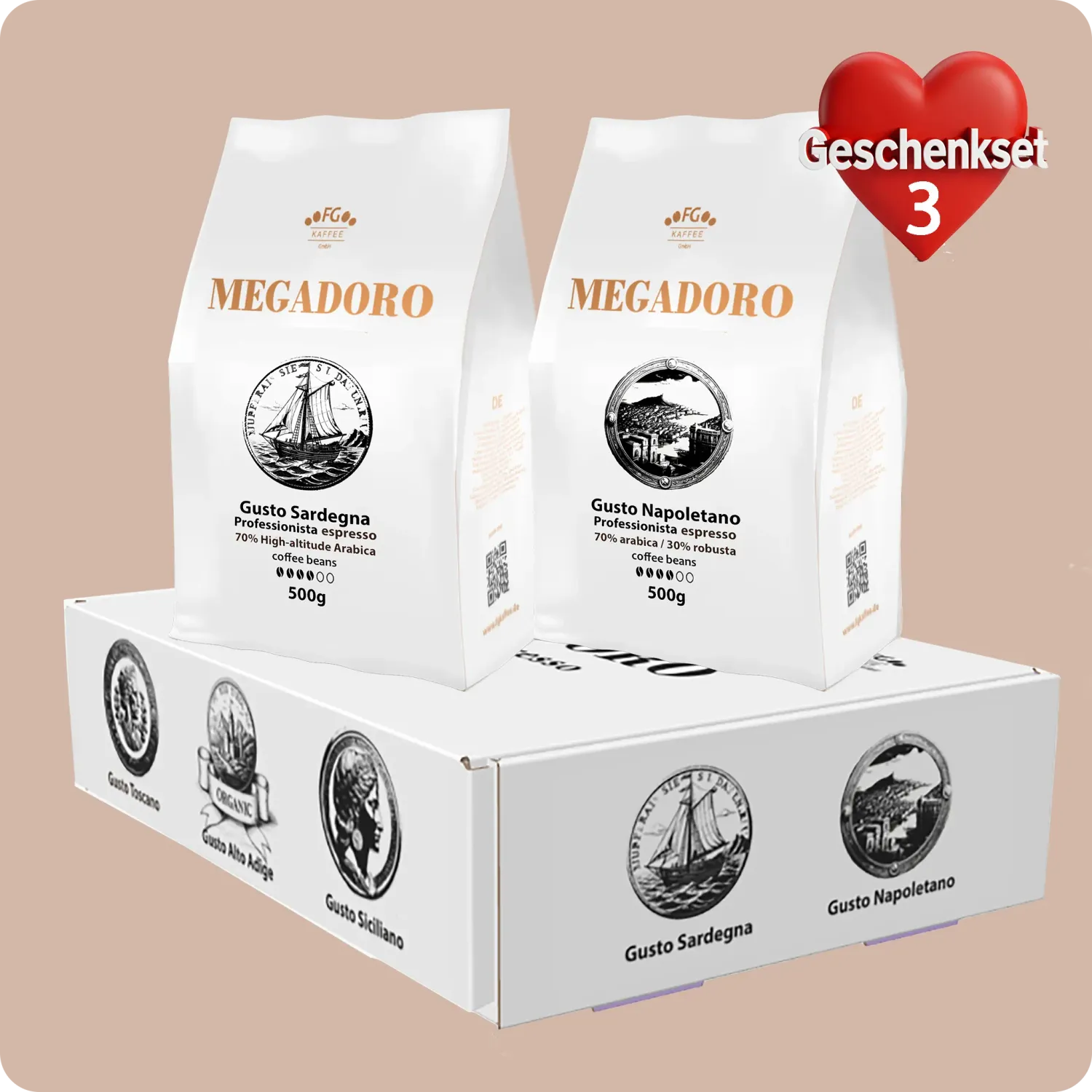 Megadoro Set Gusto Toscano und Gusto Siciliano Coffee beans 100% Arabica 2x500g