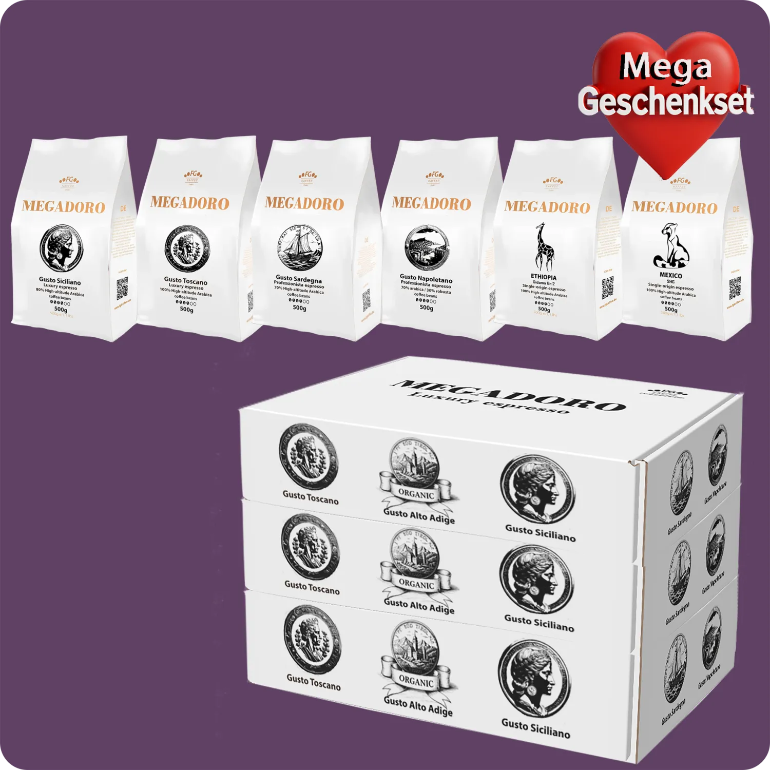 Megadoro Set Gusto Toscano 100% Arabica und Gusto Siciliano Coffee beans 2x500g