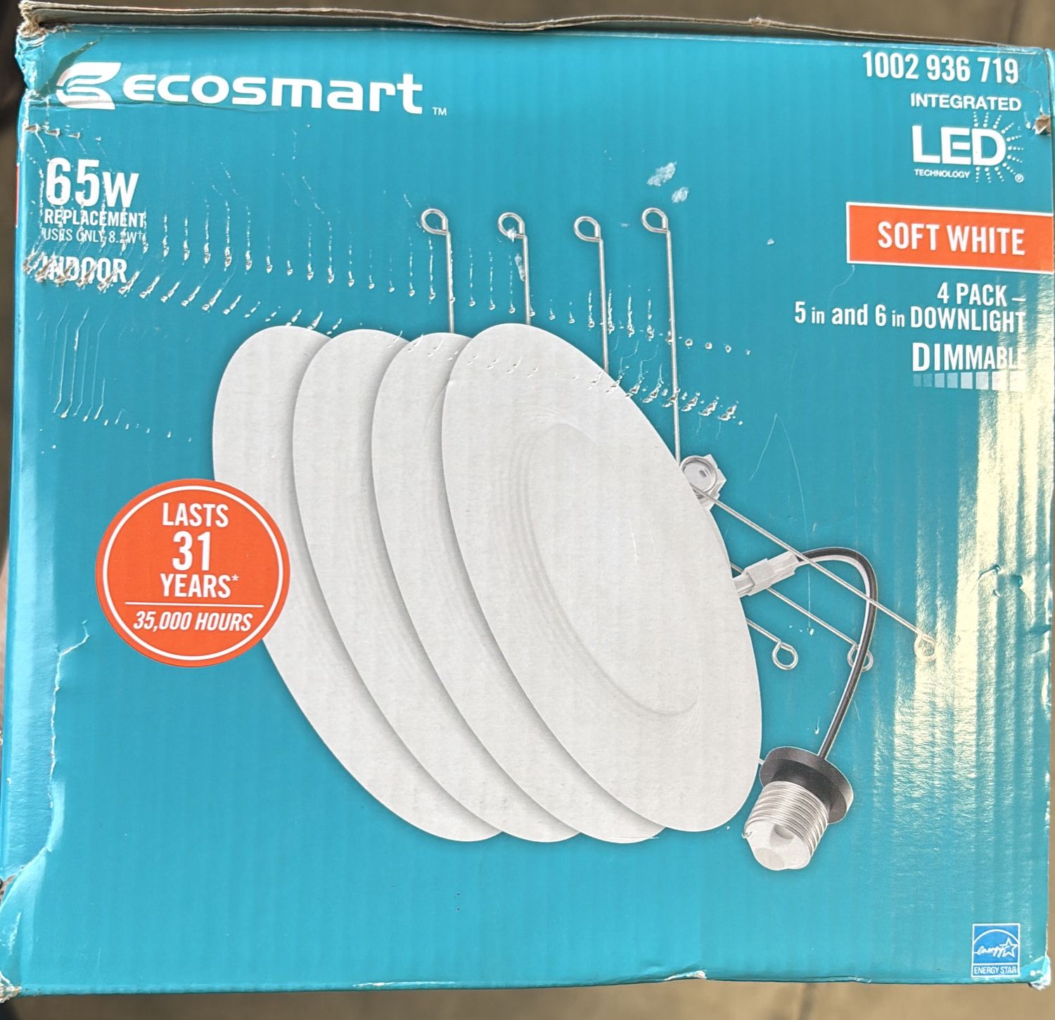 EcoSmart 6 in. Integrated LED White Canless New Construction or Remodel Dimmable Recessed Light Trim Soft White, (4-Pack)