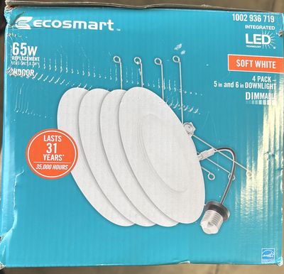 EcoSmart 6 in. Integrated LED White Canless New Construction or Remodel Dimmable Recessed Light Trim Soft White, (4-Pack)