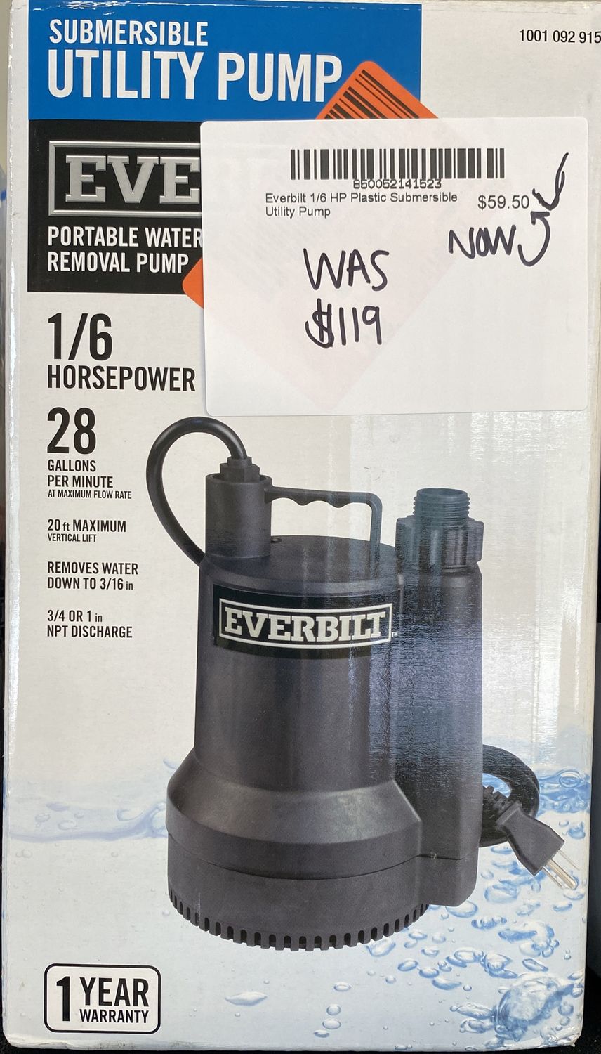 Everbilt 1/6 HP Plastic Submersible Utility Pump