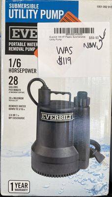 Everbilt 1/6 HP Plastic Submersible Utility Pump