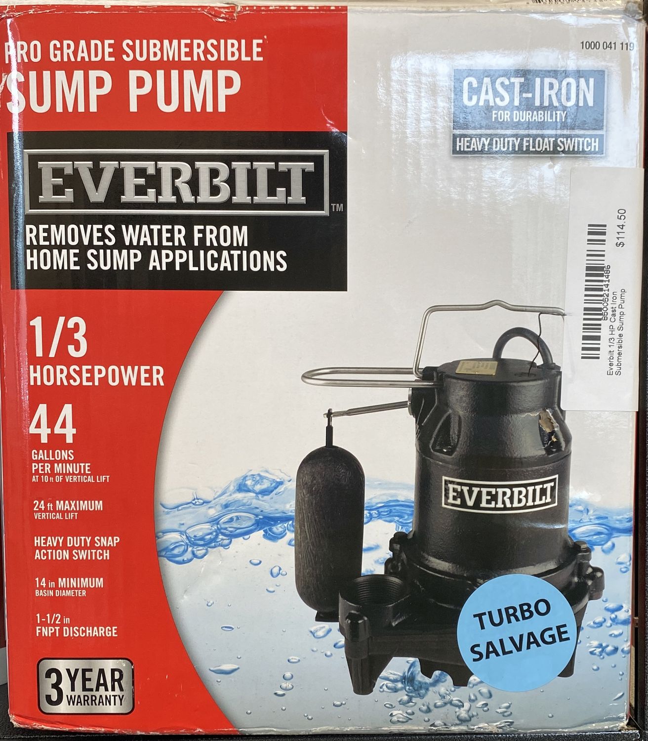 Everbilt 1/3 HP Cast Iron Submersible Sump Pump