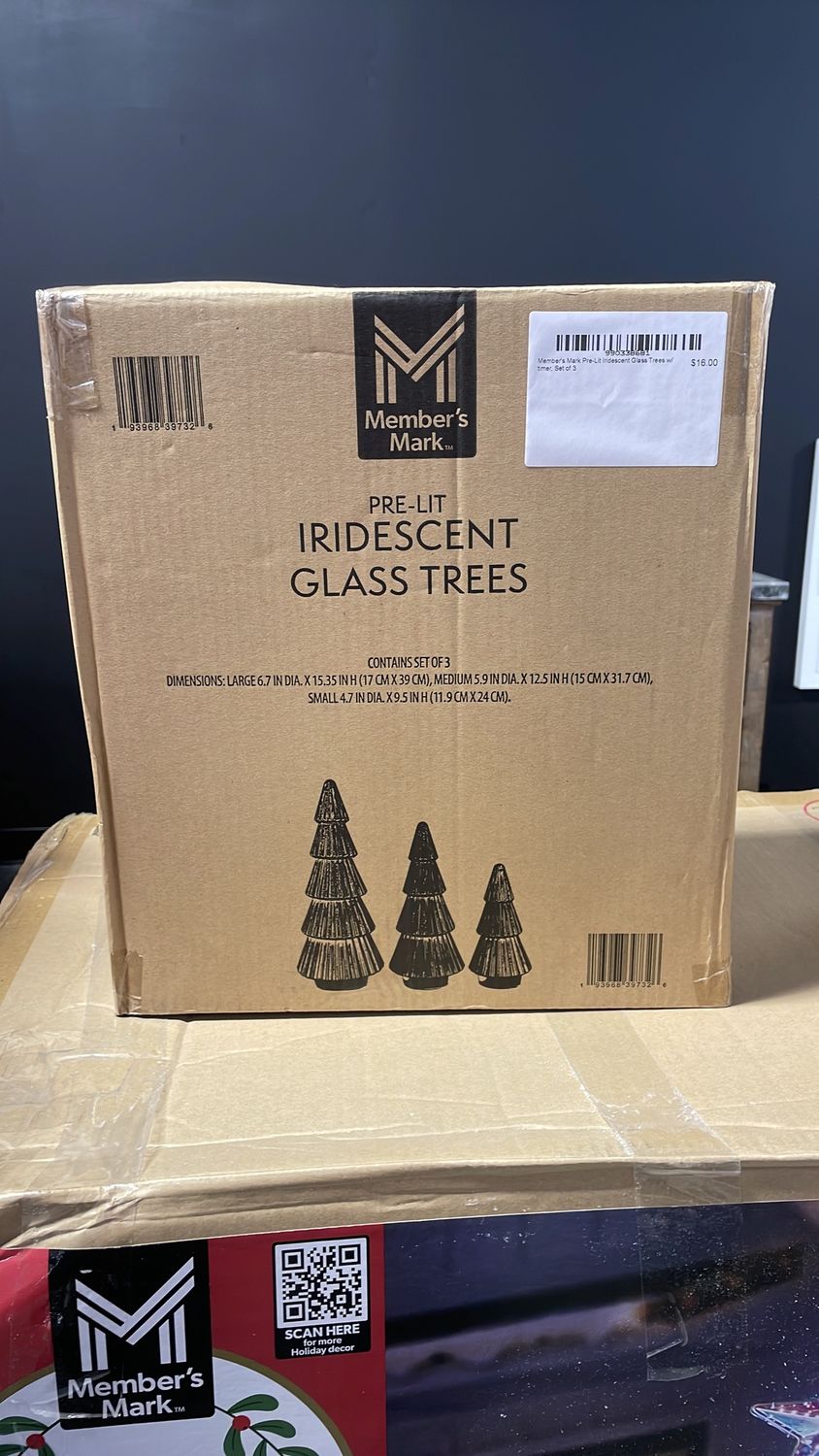 Member's Mark Pre-Lit Iridescent Glass Trees w/ timer, Set of 3