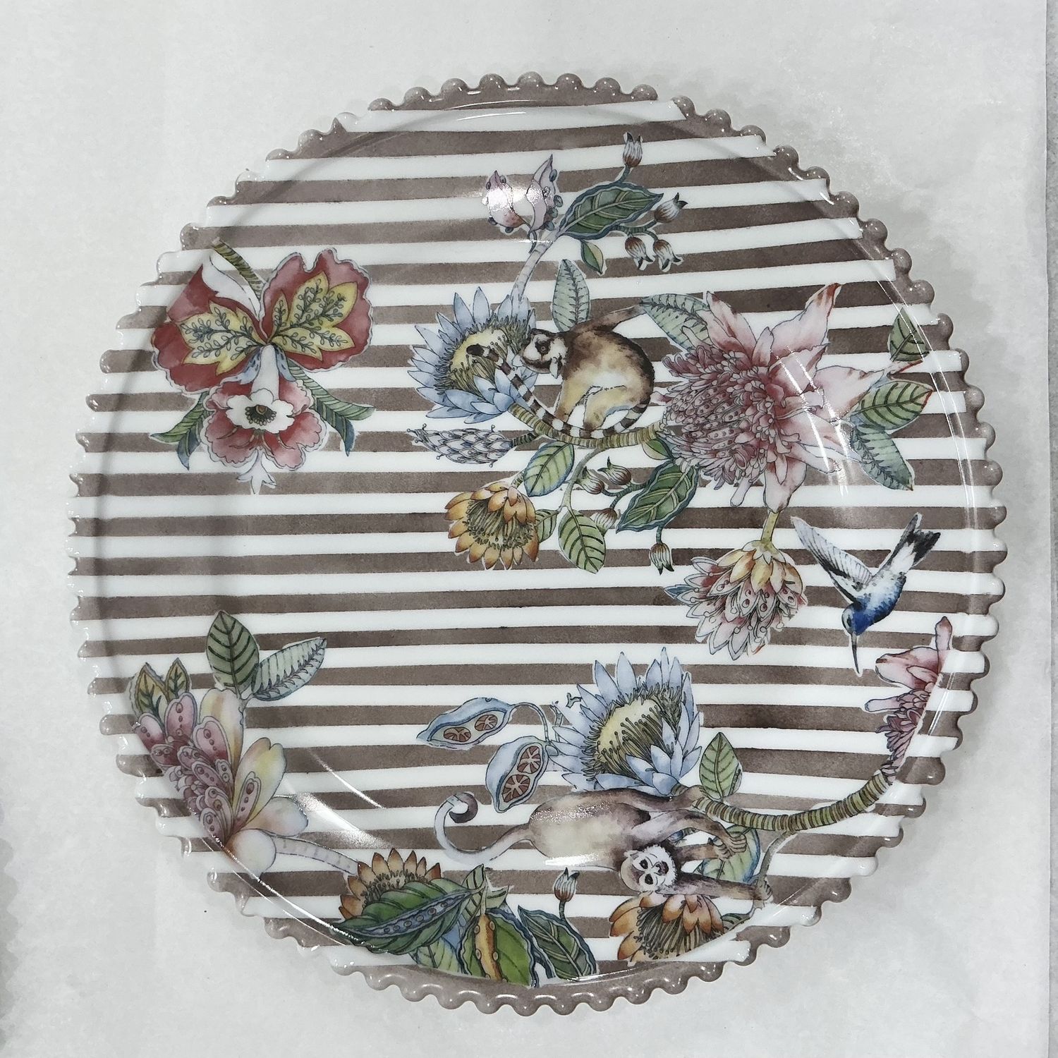 Assorted Striped &amp; flowers beaded rim plates - full set