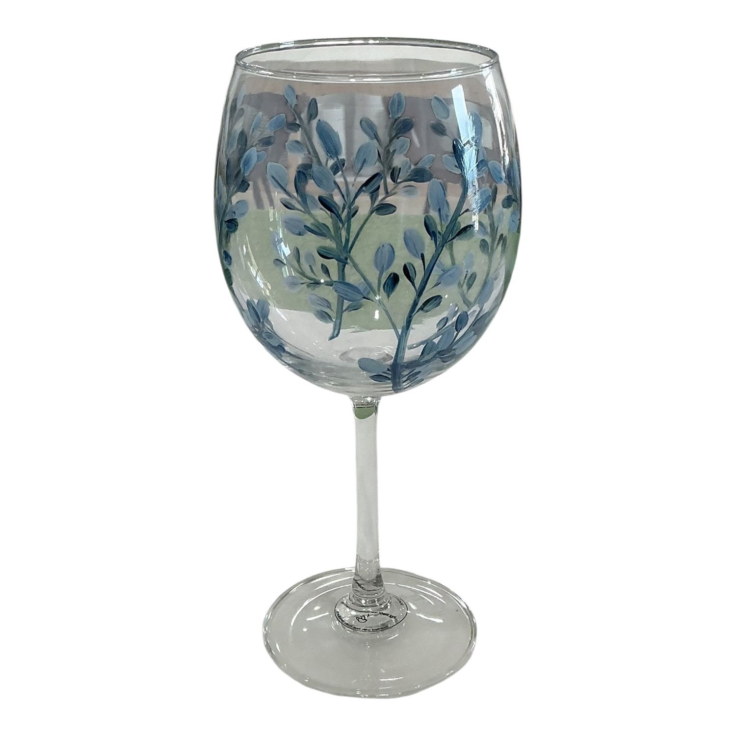 Painted wine glasses/ margarita glasses, Design: Blue leaves
