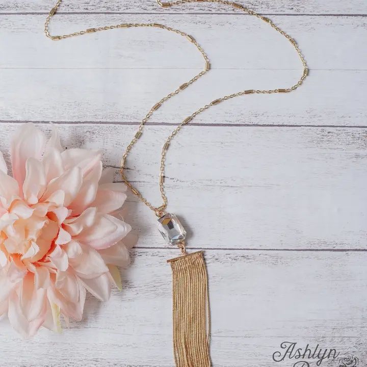 Catch the Light Square Crystal Gold Fringe Pendant On A Gold Chain Necklace