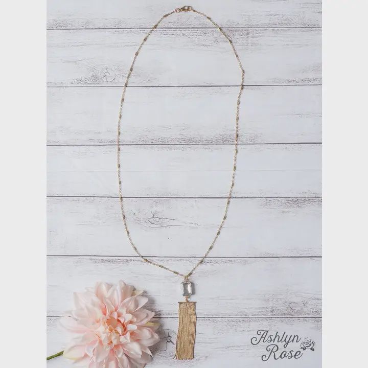 Catch the Light Square Crystal Gold Fringe Pendant On A Gold Chain Necklace