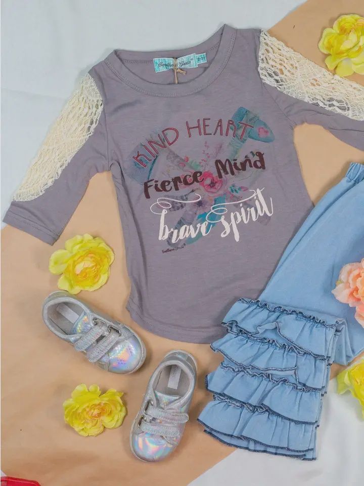 Girls Kind Heart, Fierce Mind, Brave Spirit On Grey with Cream Lace Elbow Sleeve Accents