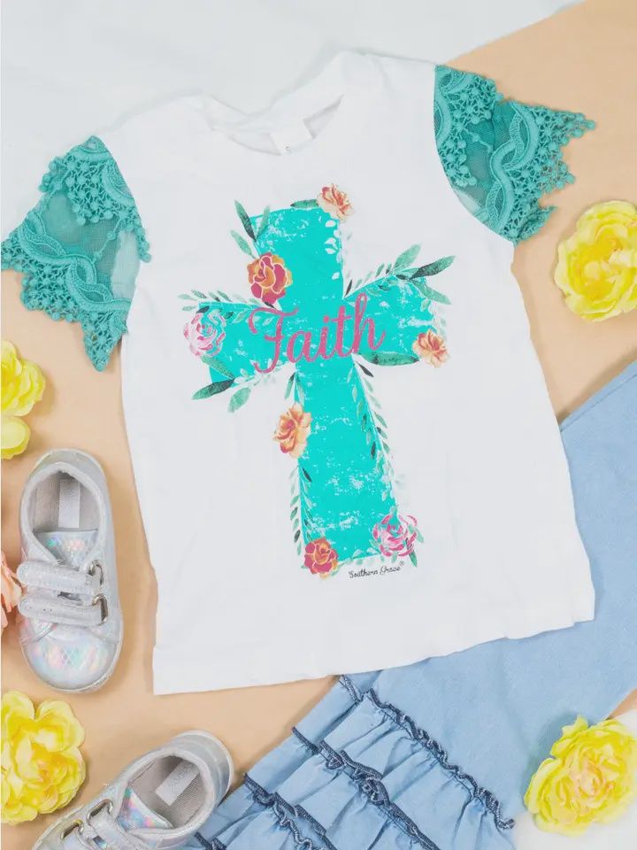 Girls Turquoise Faith Cross On White Short Lace Sleeve