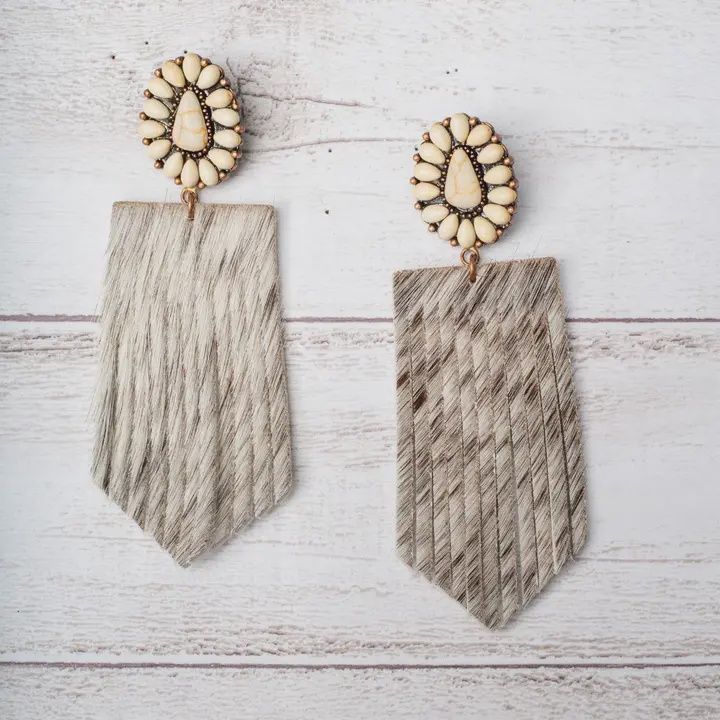 I&#39;ll Be Your Ranch Hand White Howlite Floral Concho with White Cowhide Fringe Earrings