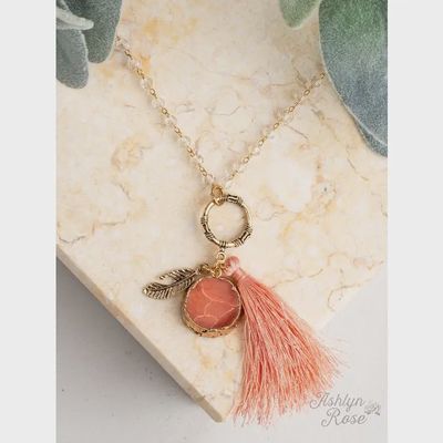 Just Peachy Beaded Necklace with Feather Charm and Peach Stone &amp; Tassel