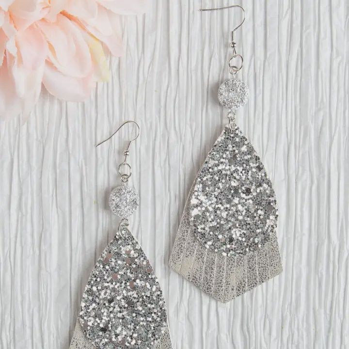 Party Cowgirl Fringe Teardrop Earrings with Silver Glitter