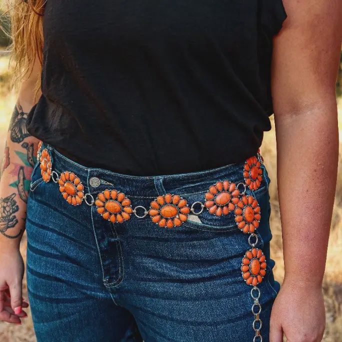 Ride For the Brand Darlin' Orange Floral Concho Link Belt Plus