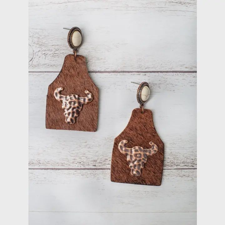Take A Number Cowboy Brown Cowhide Copper Cowskull Stud Earrings
