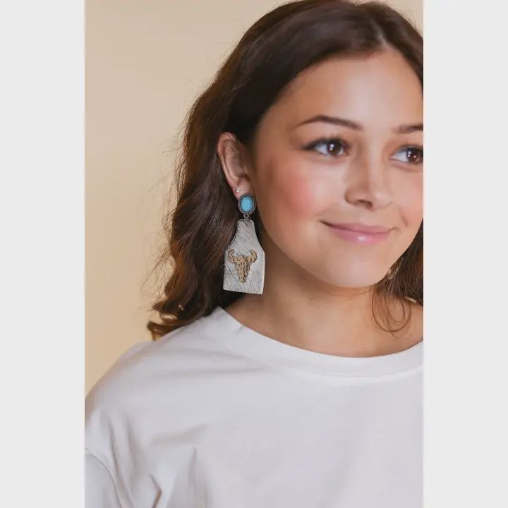 Take A Number Cowboy White Cowhide Silver Cowskull Stud Earrings