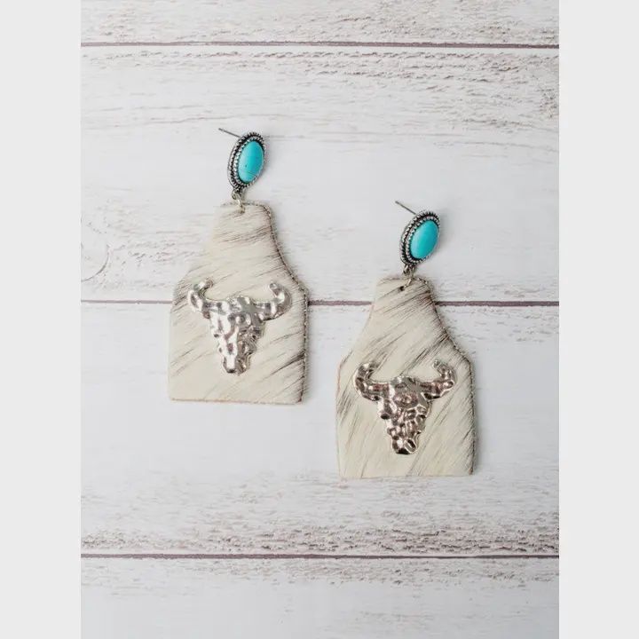Take A Number Cowboy White Cowhide Silver Cowskull Stud Earrings