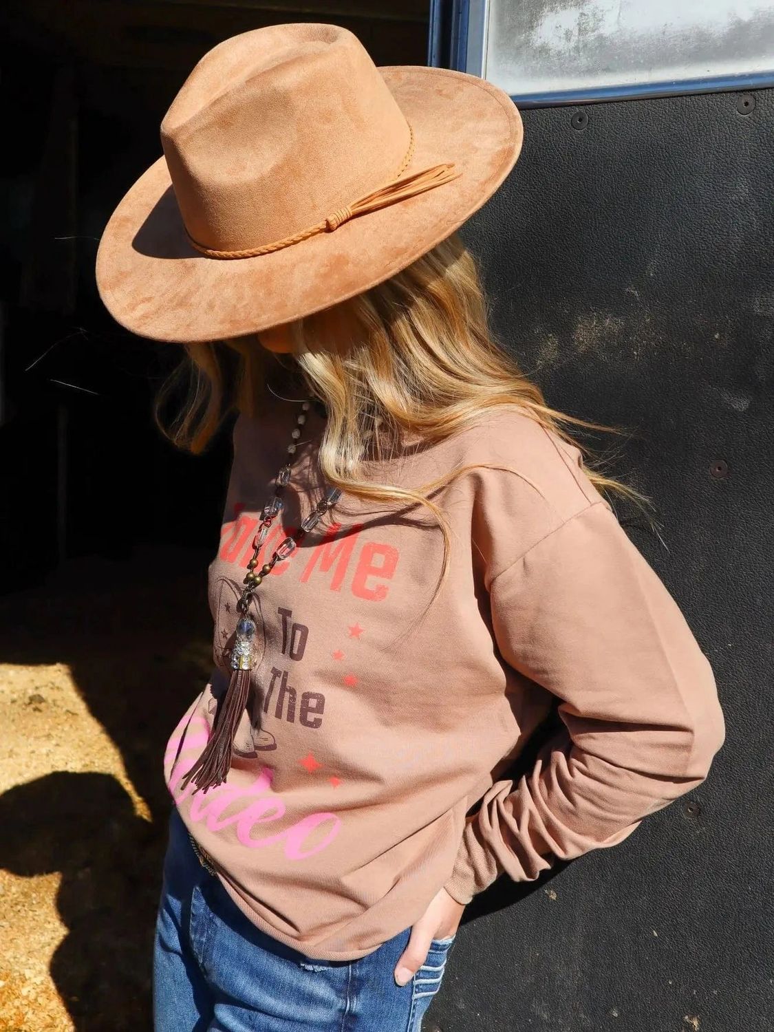 Flocking Light Weight Sweatshirt Brown. &quot;Take Me T the Rodeo&quot;