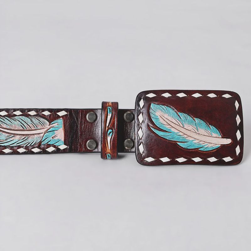 ADBLF285 Western Hand Tooled Leather Belt - Turquoise &amp; Blush Feather Pattern