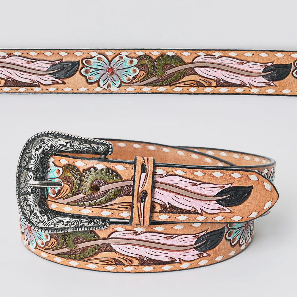 Hand-Tooled Leather Belt - Pink Feather &amp; Turquoise Flower Western Design
