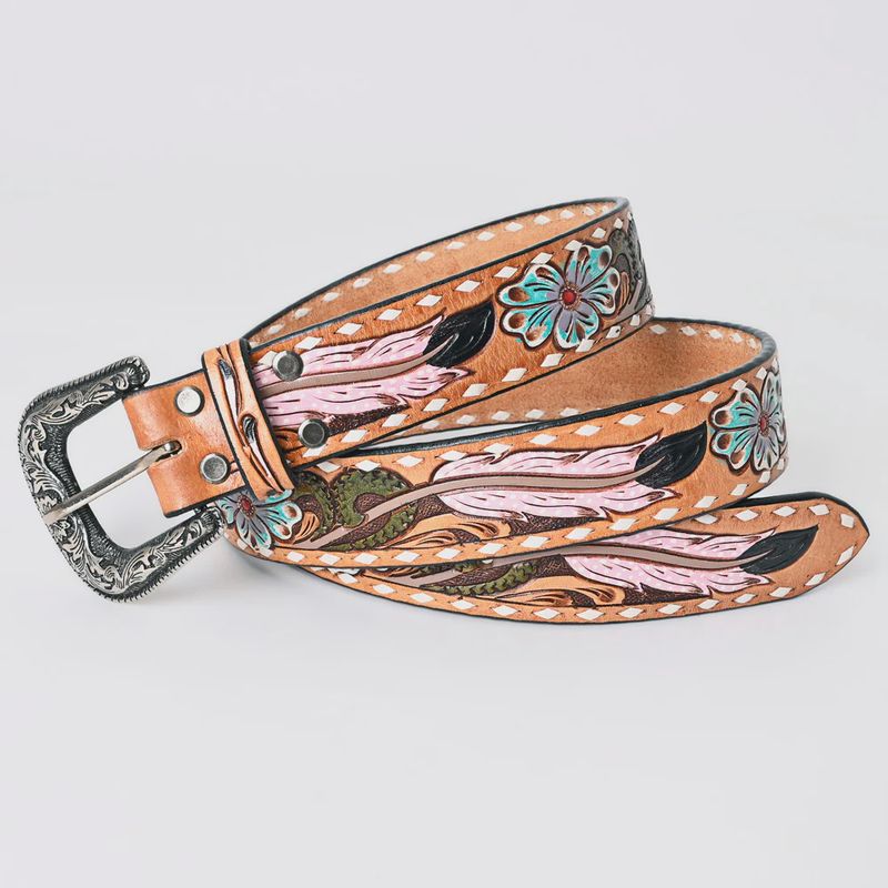 Hand-Tooled Leather Belt - Pink Feather &amp; Turquoise Flower Western Design
