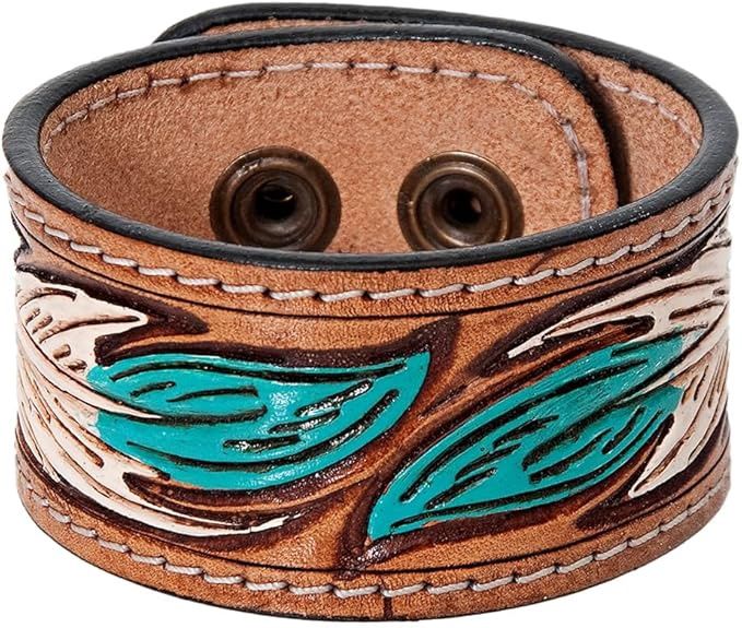 American Darling Women&#39;s Bracelet Hand Tooled Carved Genuine Leather with feathers with turquoise