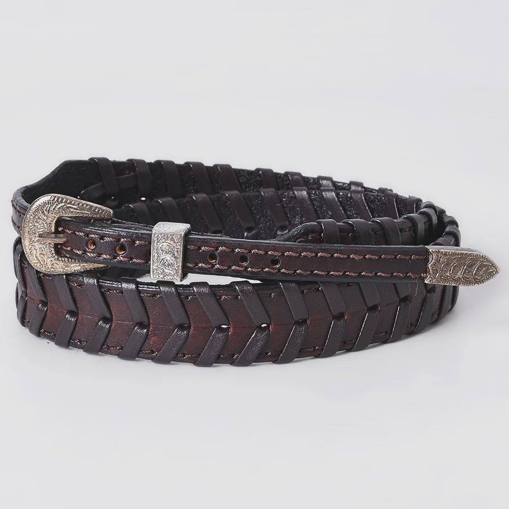 American Darling Hand tooled Hatband Genuine American Leather Western Adjustable Unisex Hatband dark braided