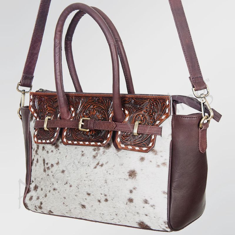 Tooled Leather &amp; Spotted Cowhide Western Satchel - Burgundy Shoulder Bag