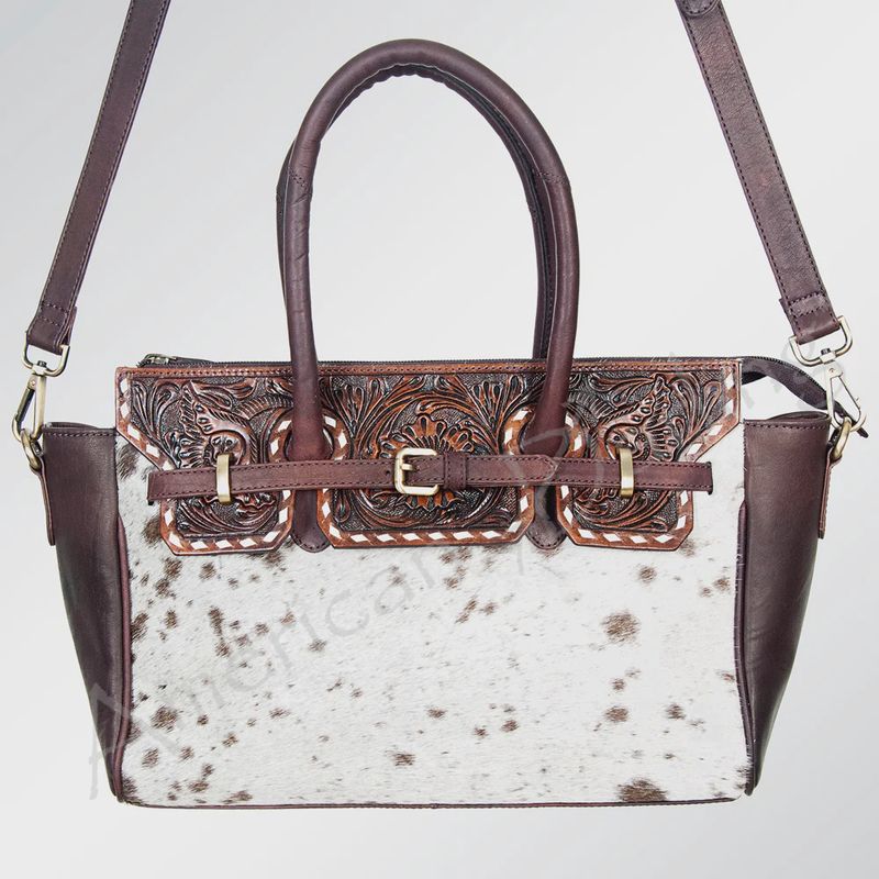Tooled Leather &amp; Spotted Cowhide Western Satchel - Burgundy Shoulder Bag