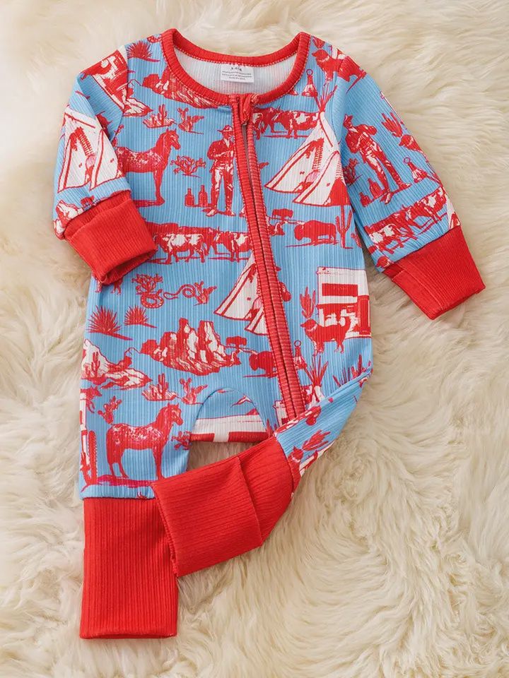 Blue &amp; Red Western Baby Onesie W/Zipper.