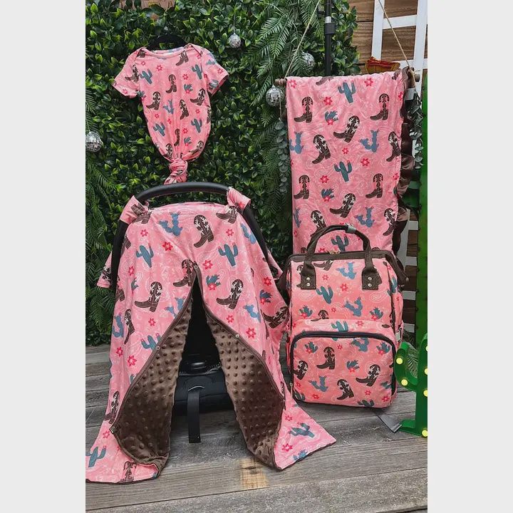 Coral Western Boot &amp; Flowers Printed Car Seat Cover.