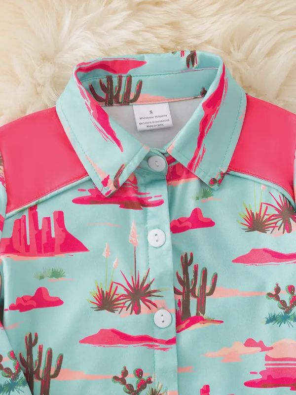 Pink &amp; Aqua Dessert Cactus Printed Button Long Shirt