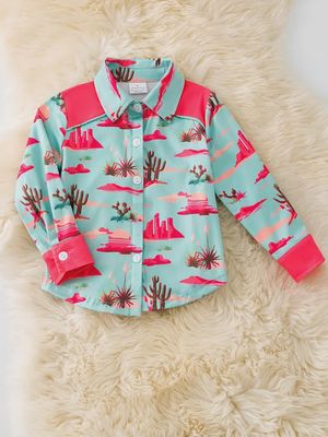 Pink &amp; Aqua Dessert Cactus Printed Button Long Shirt