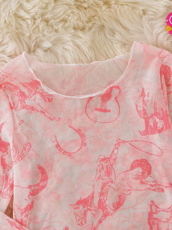 Pink Cow Skull, Horse Rider Western Printed Mesh Long Sleeve Top