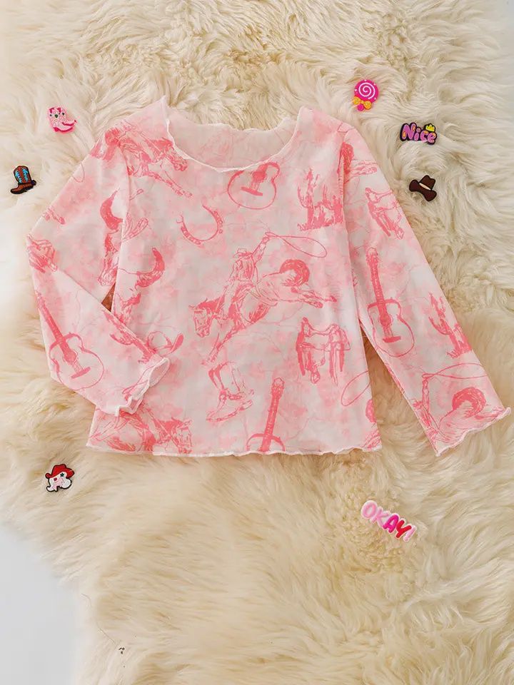 Pink Cow Skull, Horse Rider Western Printed Mesh Long Sleeve Top