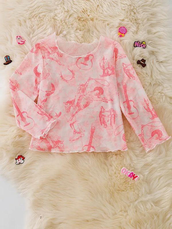 Pink Cow Skull, Horse Rider Western Printed Mesh Long Sleeve Top