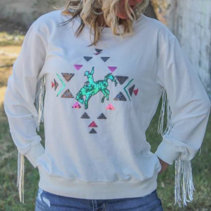 Casanova Sequin Fringe Long Sleeve Sweater in White