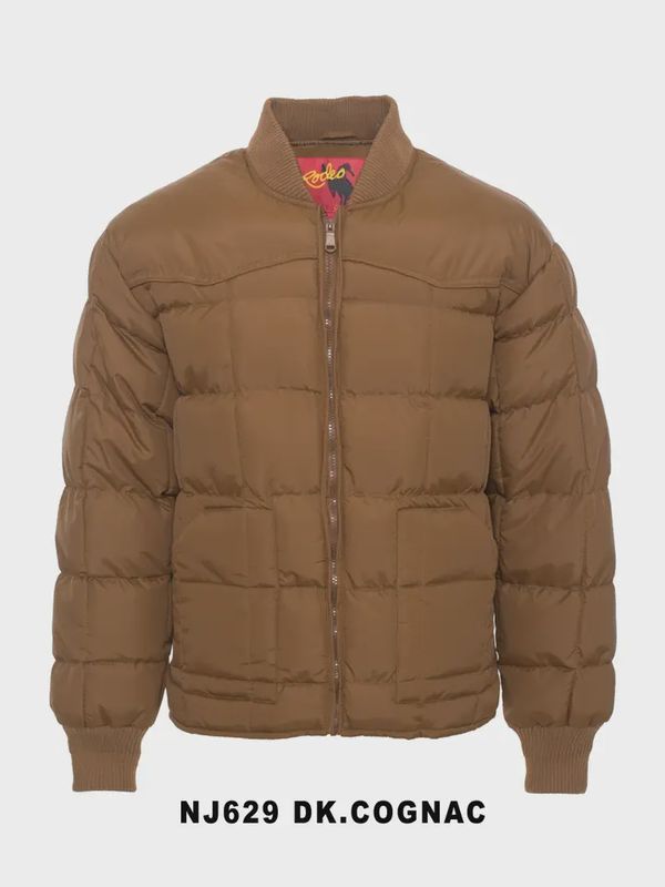Men&#39;s Nylon Quilted Puffer Jacket with Embroidery-Cognac